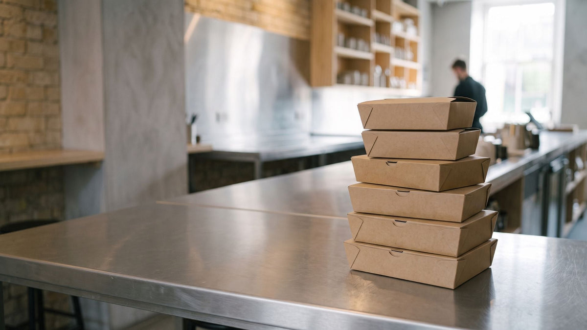 Kraft takeaway boxes stacked on a stainless steel bench