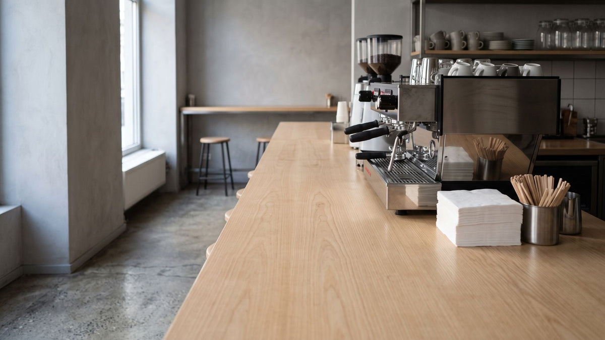 Cafe counter at opening, napkins and wooden stirrers ready